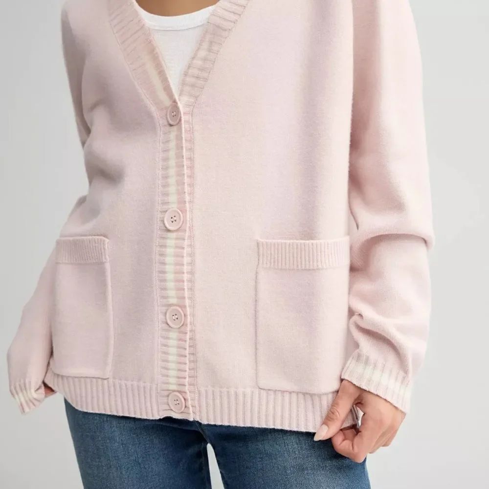 Pink Republic XS-S Navy White Stripe Knit Button V-Neck Cardigan with Pockets - Picture 5 of 16